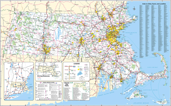 Large scale detailed roads and highways map of Massachusetts state with all cities, airports and national parks.