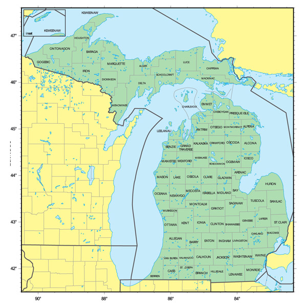 Detailed administrative map of Michigan state.