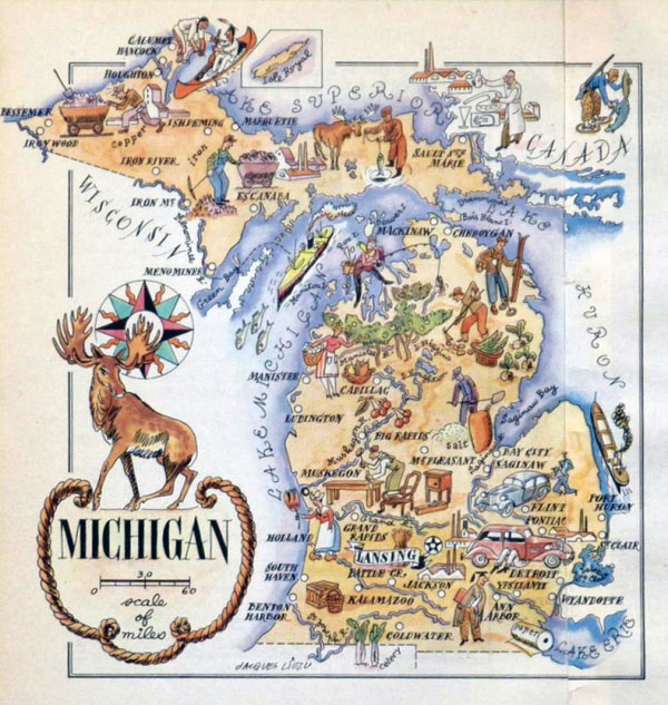 Detailed old tourist illustrated map of Michigan state - 1946.