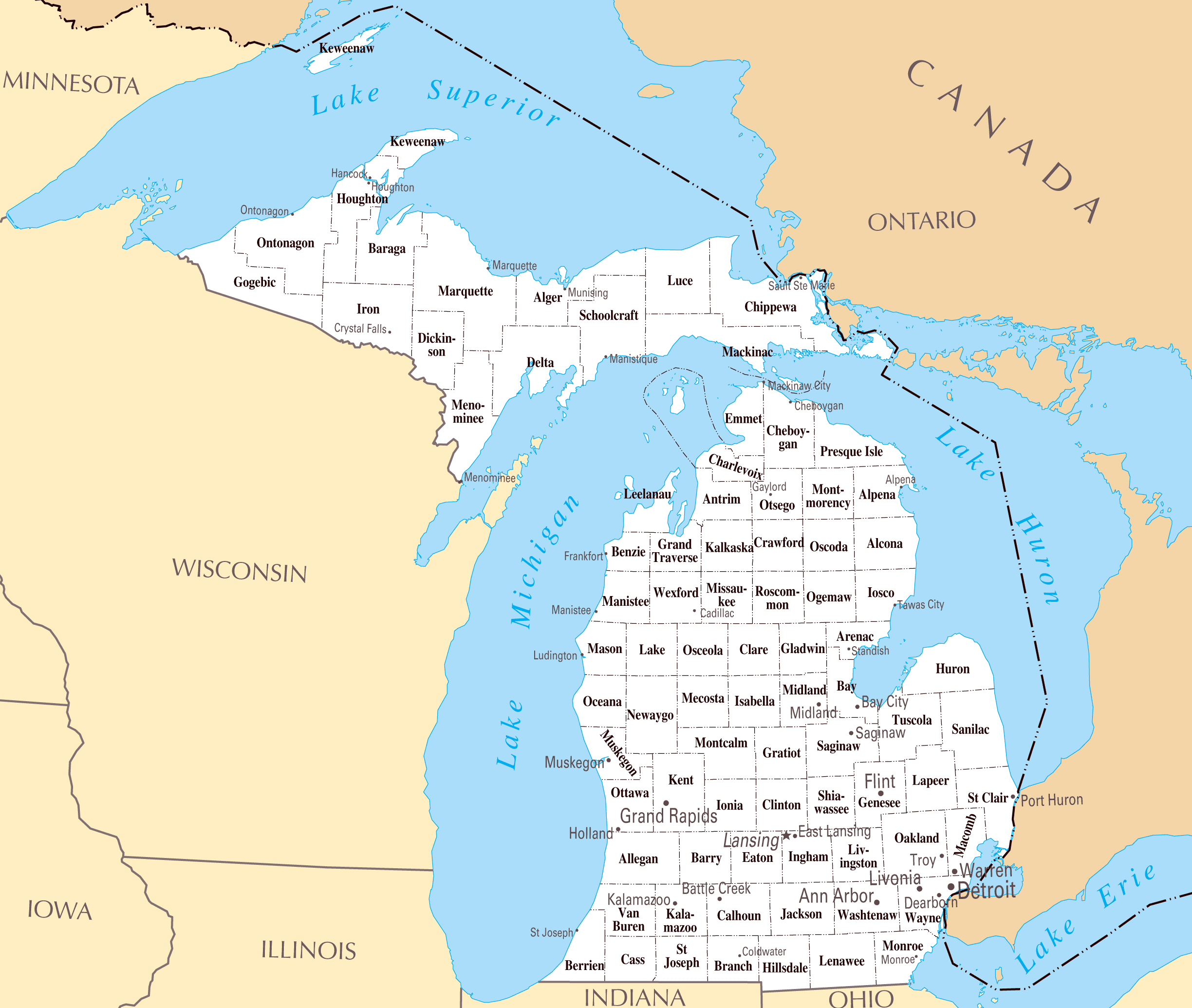 Large administrative map of Michigan state. Michigan state large