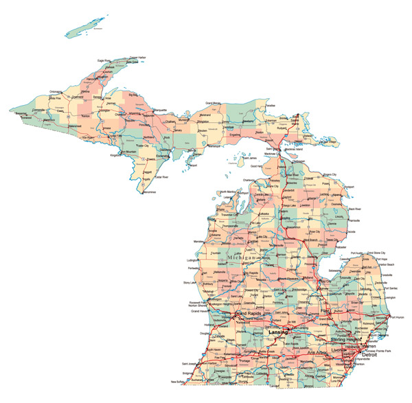 Large administrative map of Michigan state with highways and major cities.