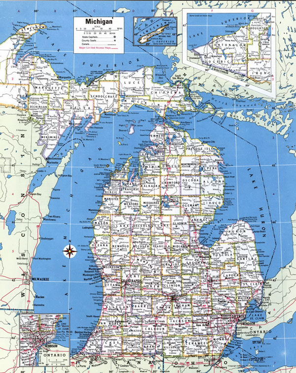 Large detailed administrative map of Michigan state with roads and cities.