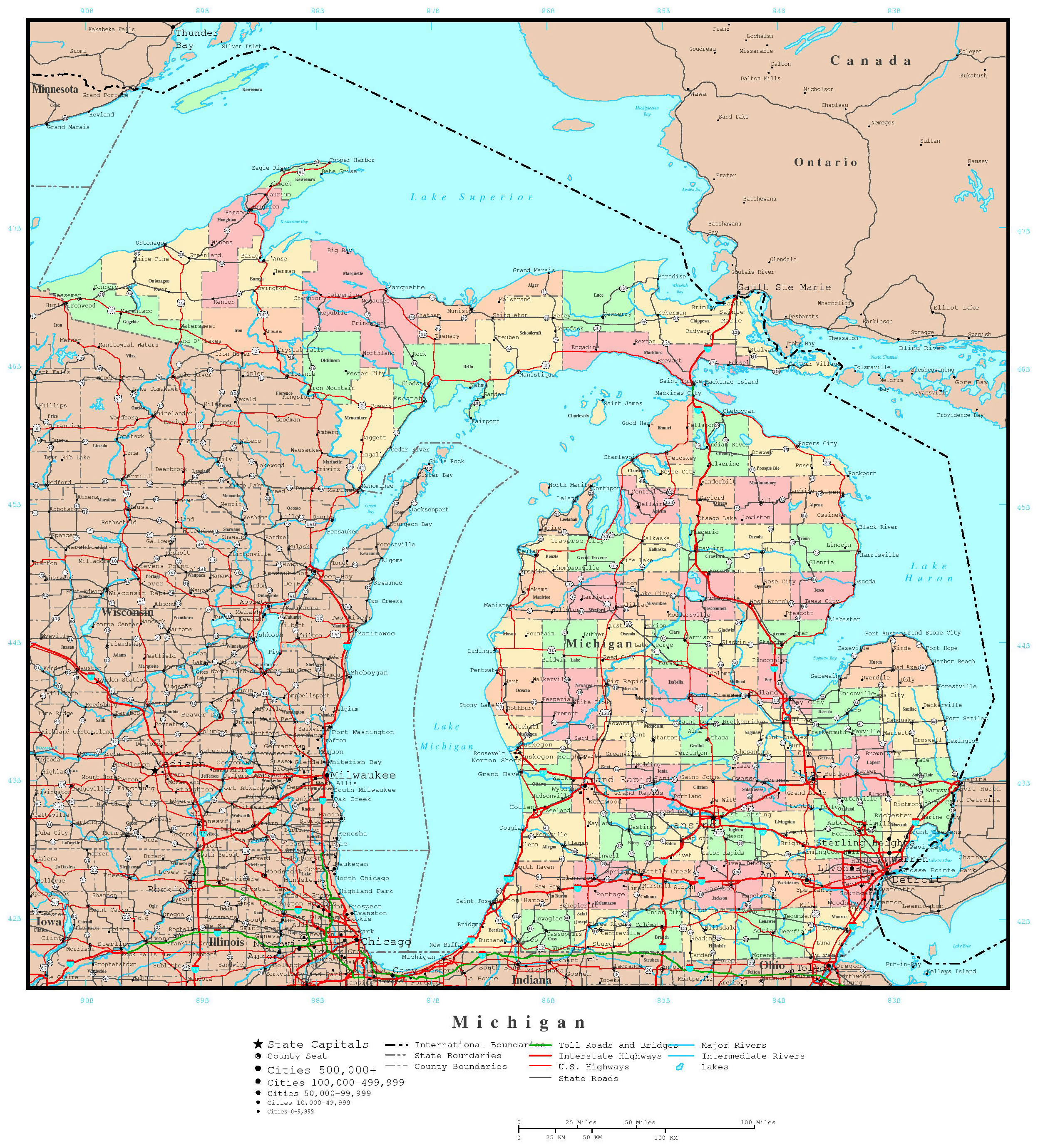 Large Detailed Administrative Map Of Michigan State With Roads Highways And Major Cities 