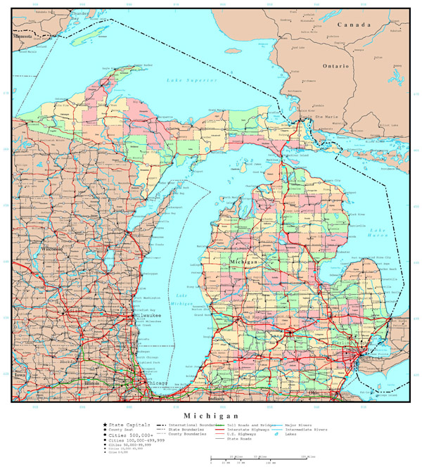 Large detailed administrative map of Michigan state with roads, highways and major cities.
