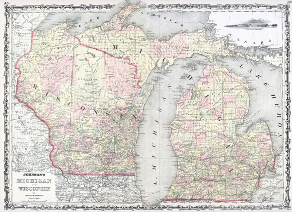 Large detailed old administrative map of Michigan and Wisconsin states.