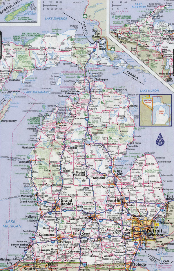 Large detailed roads and highways map of Michigan state with cities