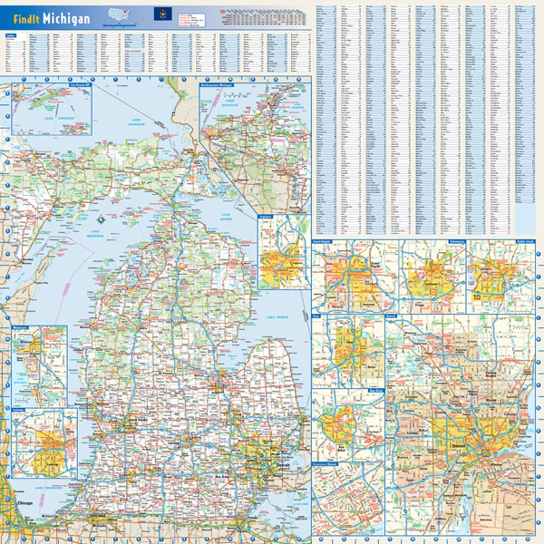 Large detailed roads and highways map of Michigan state with national parks and cities.