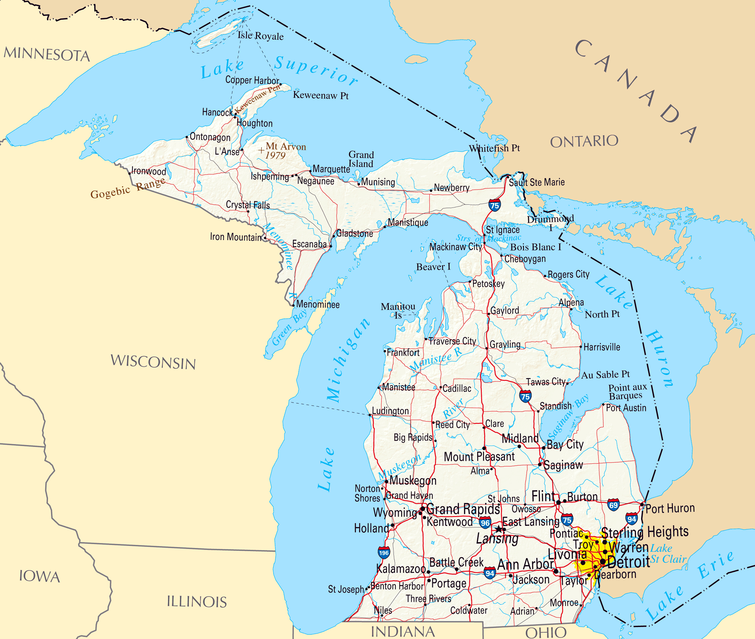 Large Map Of Michigan State With Relief Highways And Major Cities