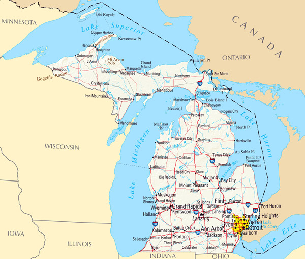 Large map of Michigan state with relief, highways and major cities.