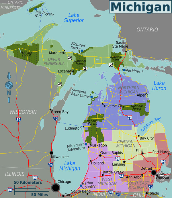 Large regions map of Michigan state.