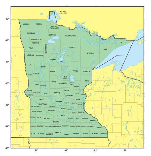 Detailed administrative map of Minnesota state.