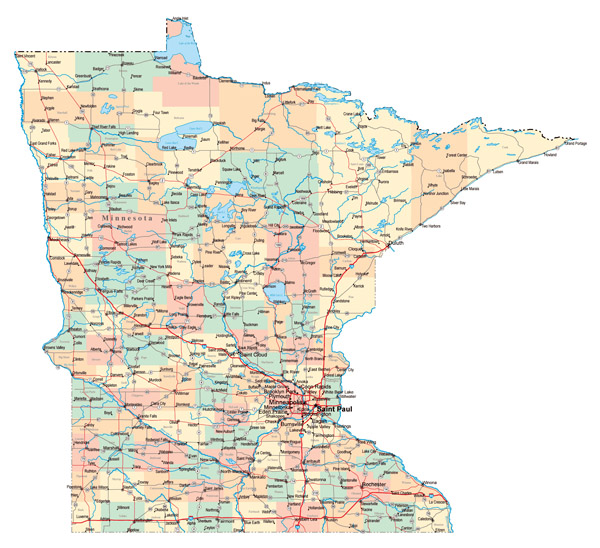 Large administrative map of Minnesota state with roads, highways and major cities.