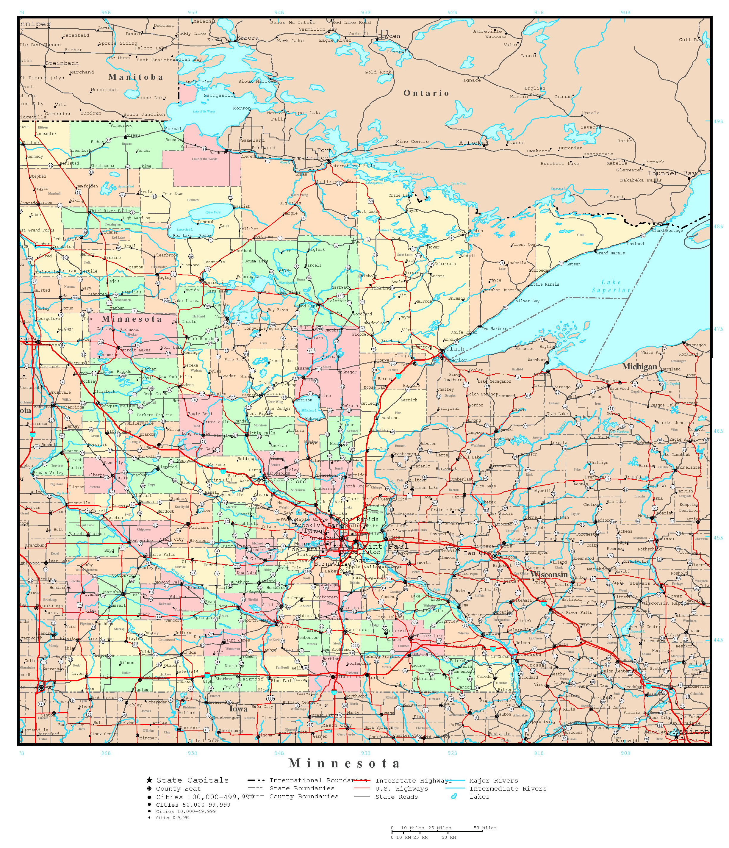 Large detailed administrative map of Minnesota state with roads  