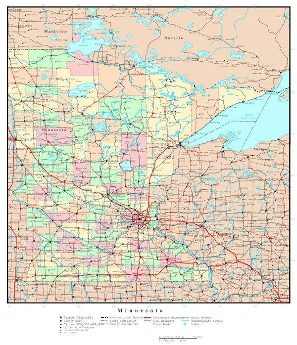 Large detailed administrative map of Minnesota state with roads, highways and all cities.