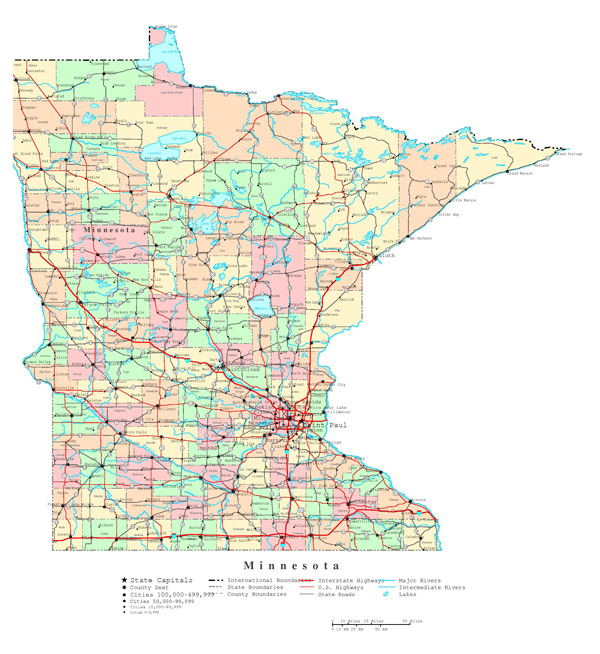 Large detailed administrative map of Minnesota state with roads, highways and major cities.