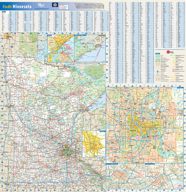 Large detailed map of Minnesota state with all roads, highways, national parks and cities.