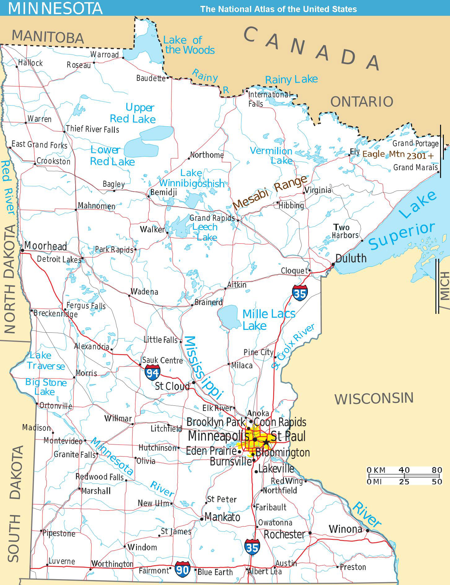 Large detailed map of Minnesota state with roads and major cities