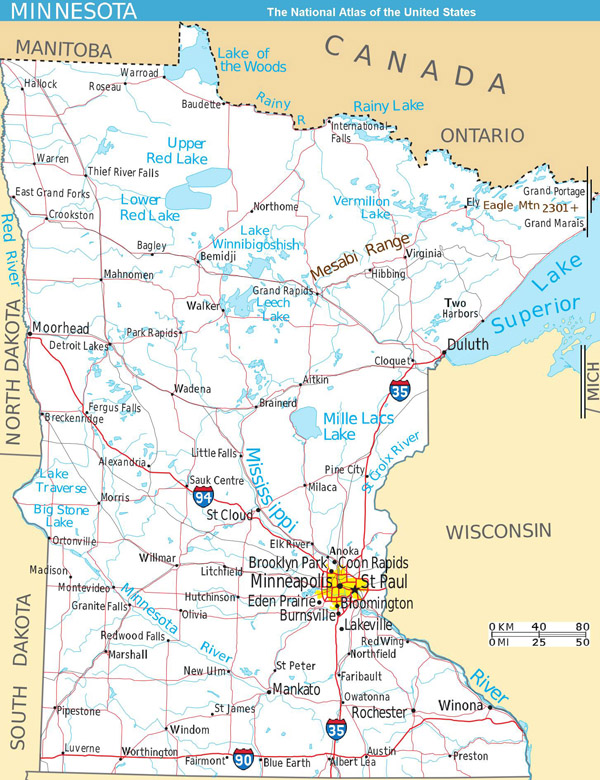 Large detailed map of Minnesota state with roads and major cities.