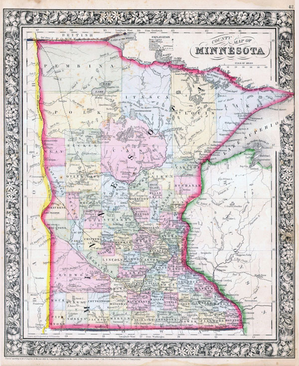 Large detailed old administrative map of Minnesota state - 1864.