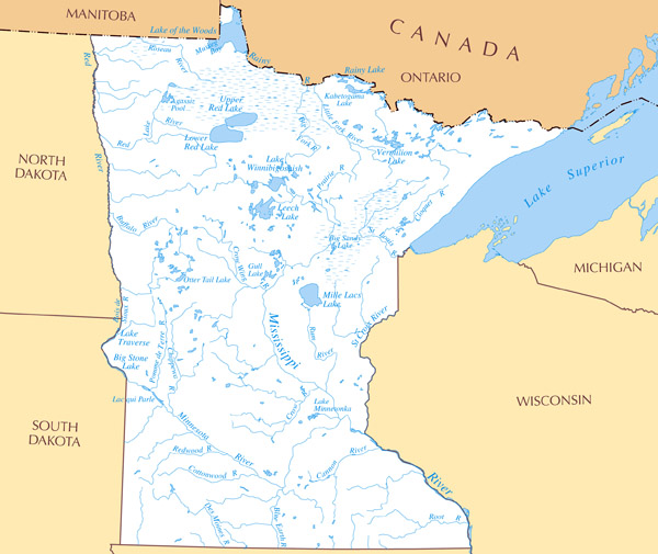 Large detailed rivers and lakes map of Minnesota state.