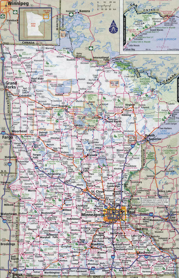 Large detailed roads and highways map of Minnesota state with cities.