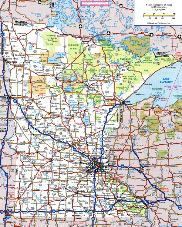 Large detailed roads and highways map of Minnesota state with national parks and all cities.