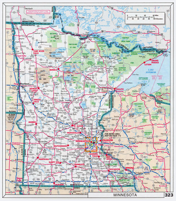 Large scale roads and highways map of Minnesota state with national parks and cities.