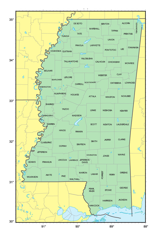 Detailed administrative map of Mississippi state.