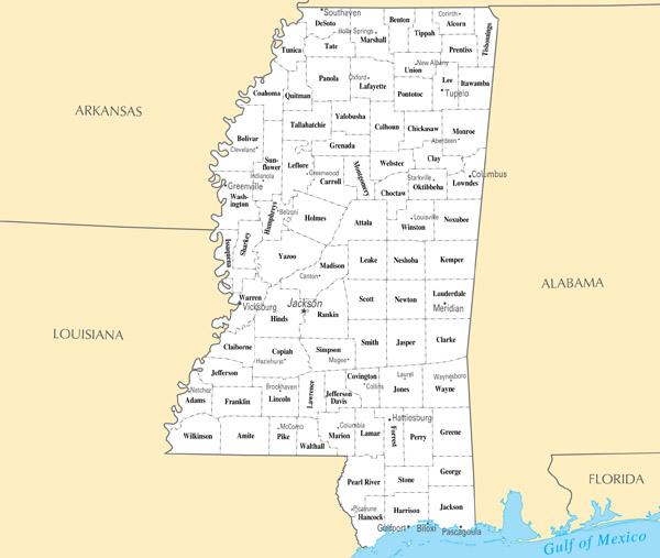 Large administrative map of Mississippi state.