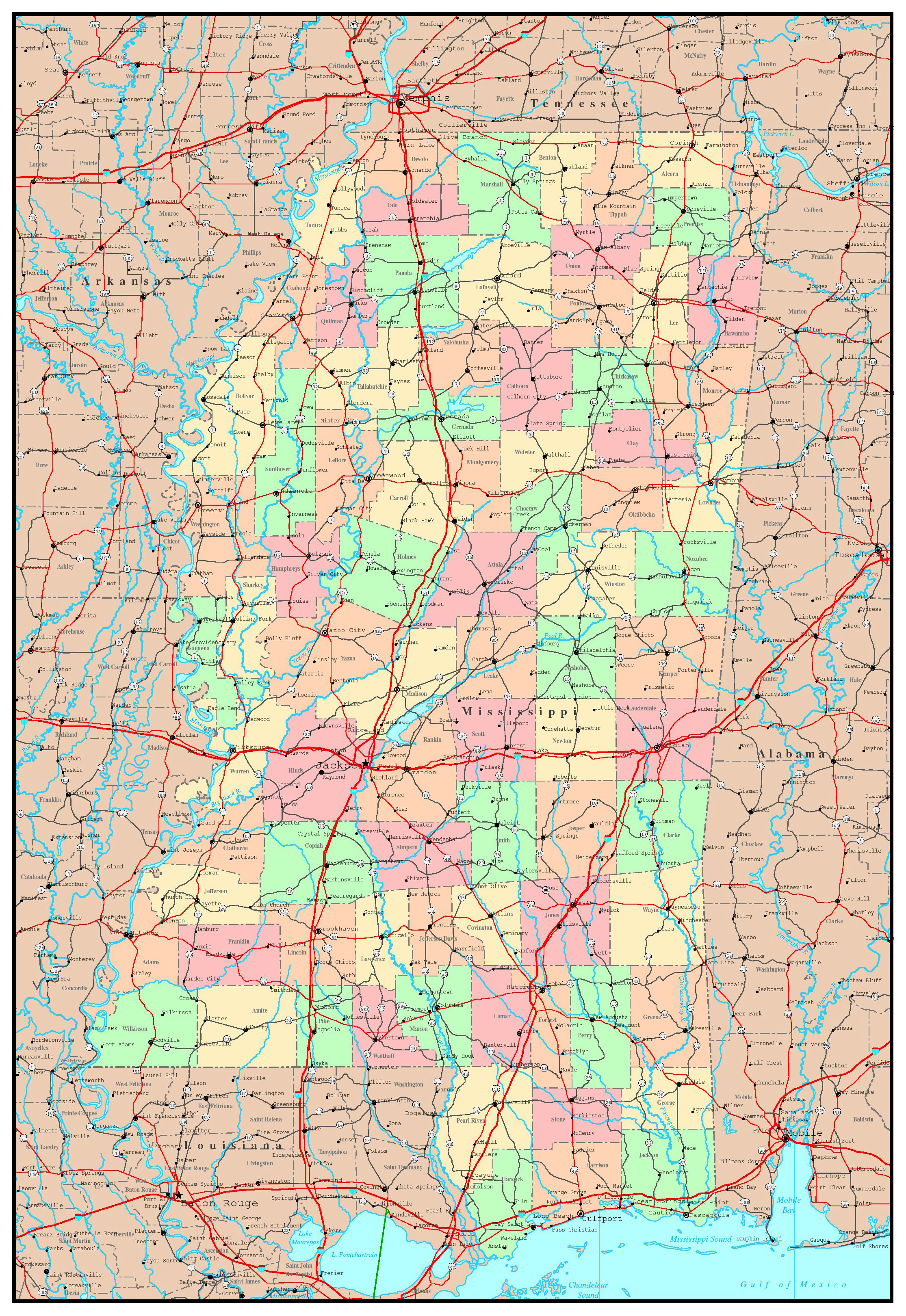 Large Detailed Administrative Map Of Mississippi State With Roads Highways And Major Cities Vidiani Com Maps Of All Countries In One Place