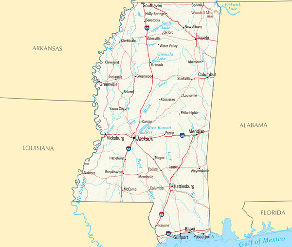 Large detailed map of Mississippi state with relief, highways and major cities.