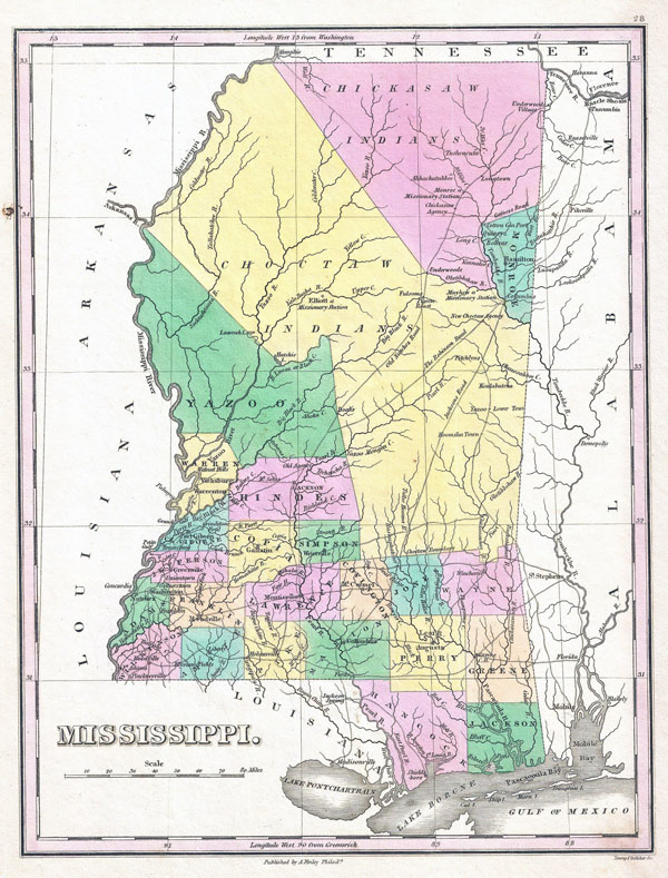 Large detailed old administrative map of Mississippi state – 1827