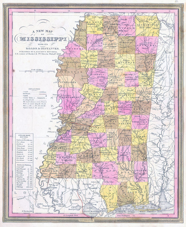 Large detailed old administrative map of Mississippi state - 1846.