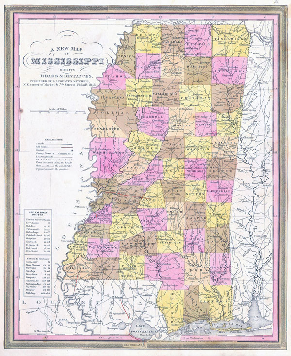 Large detailed old administrative map of Mississippi state - 1846.