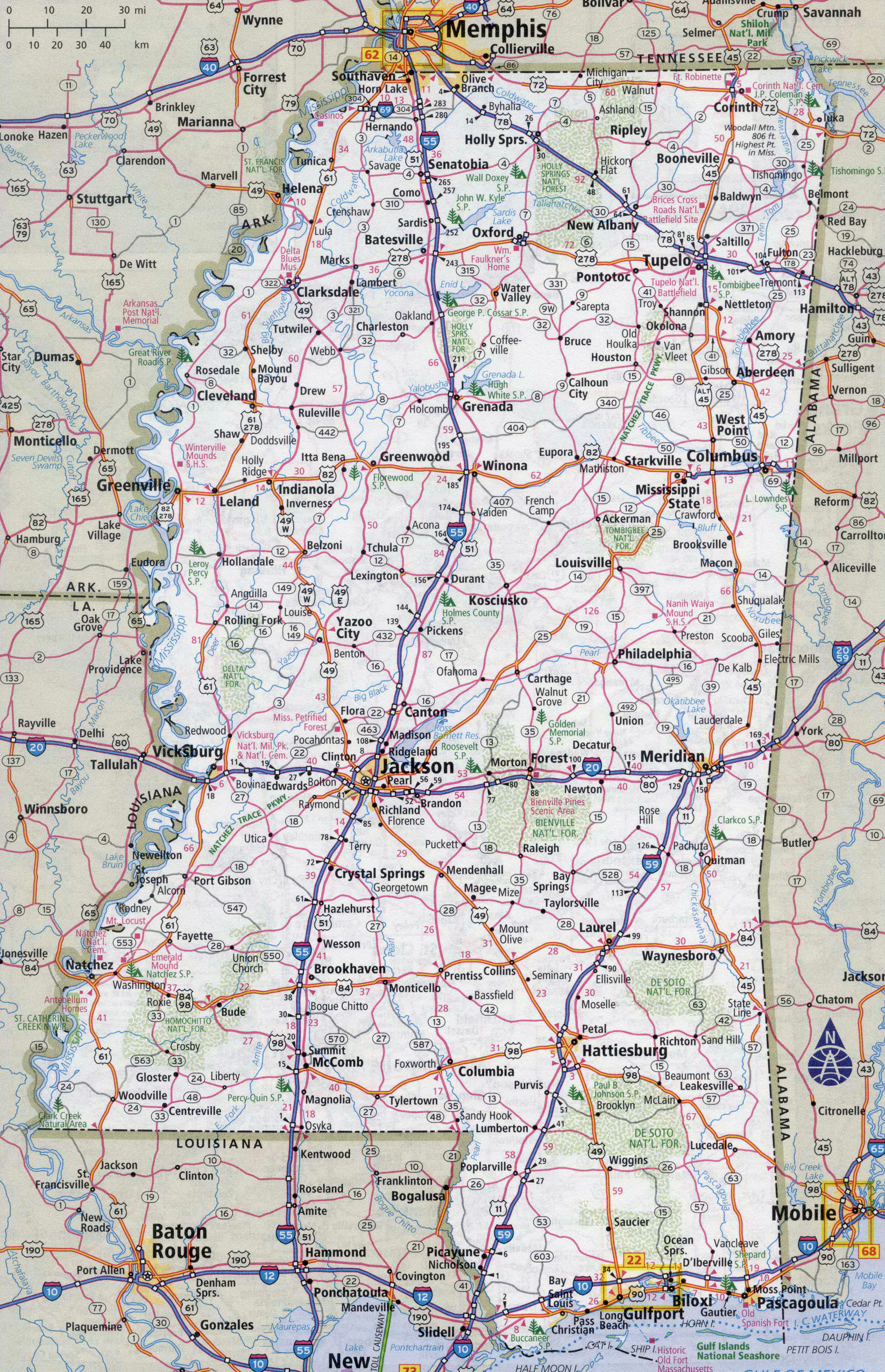 Mississippi road map with distances between cities highway freeway