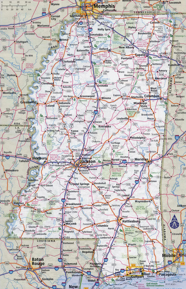Large detailed roads and highways map of Mississippi state with cities.