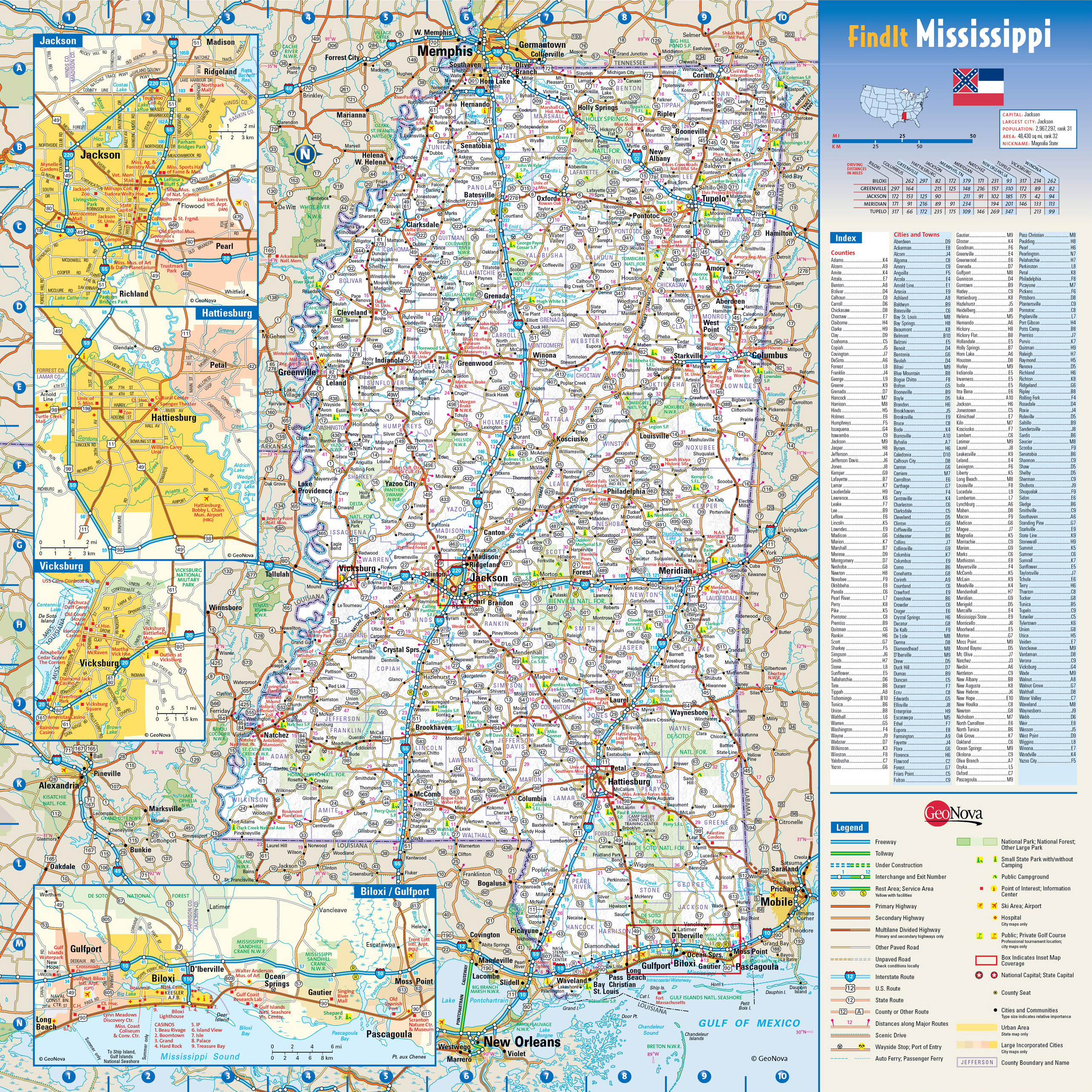 Large Detailed Roads And Highways Map Of Mississippi State With National Parks And All Cities Vidiani Com Maps Of All Countries In One Place