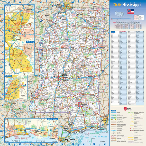 Large detailed roads and highways map of Mississippi state with national parks and all cities.