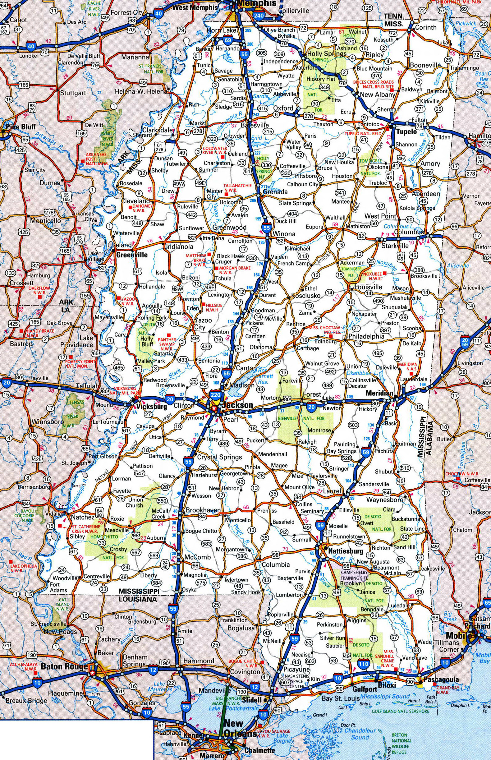 Large Detailed Roads And Highways Map Of Mississippi State With