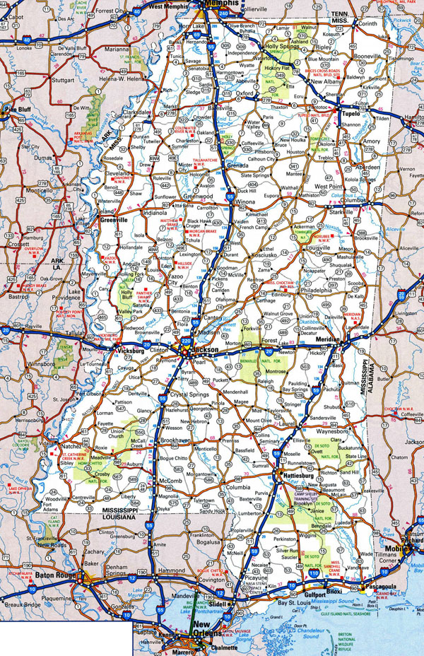 Large detailed roads and highways map of Mississippi state with national parks and cities.