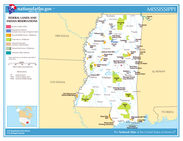 Large map of Mississippi state Federal Lands and Indian Reservations.