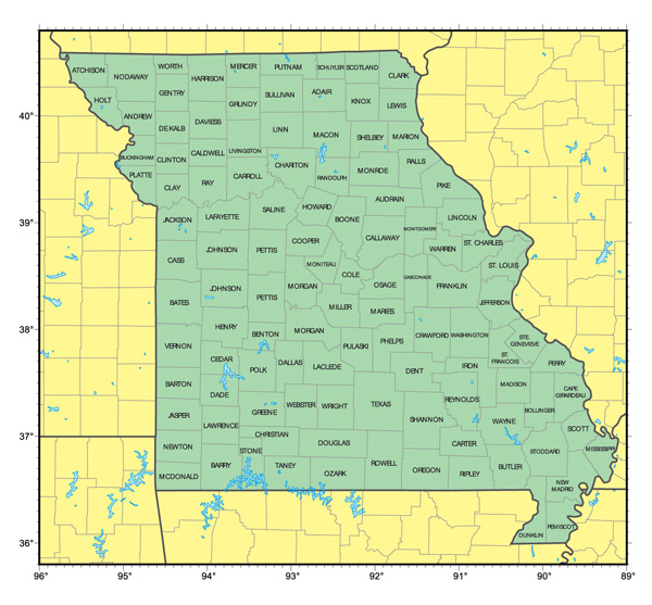 Detailed administrative map of Missouri state.