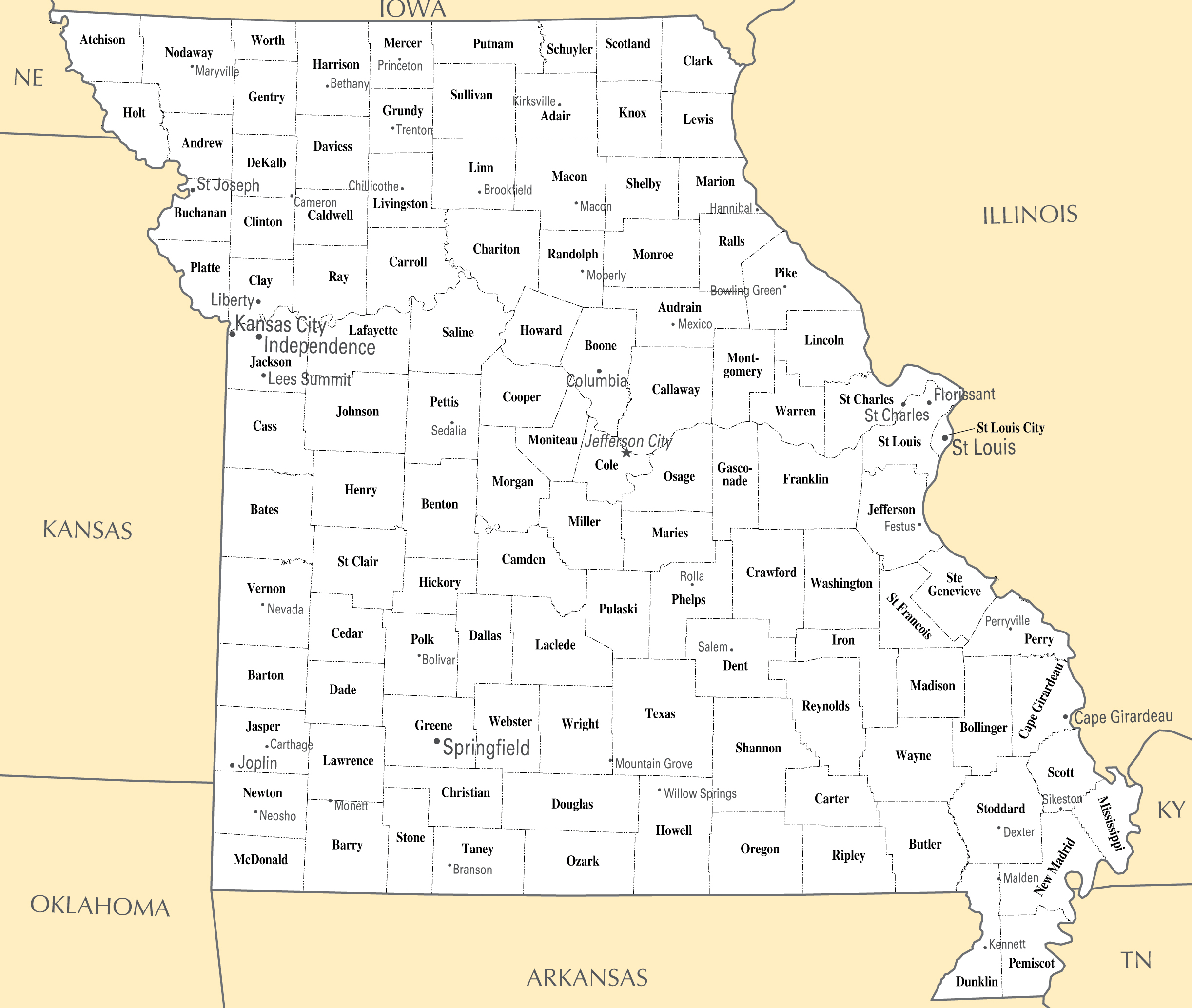 Large administrative map of Missouri state. Missouri state large