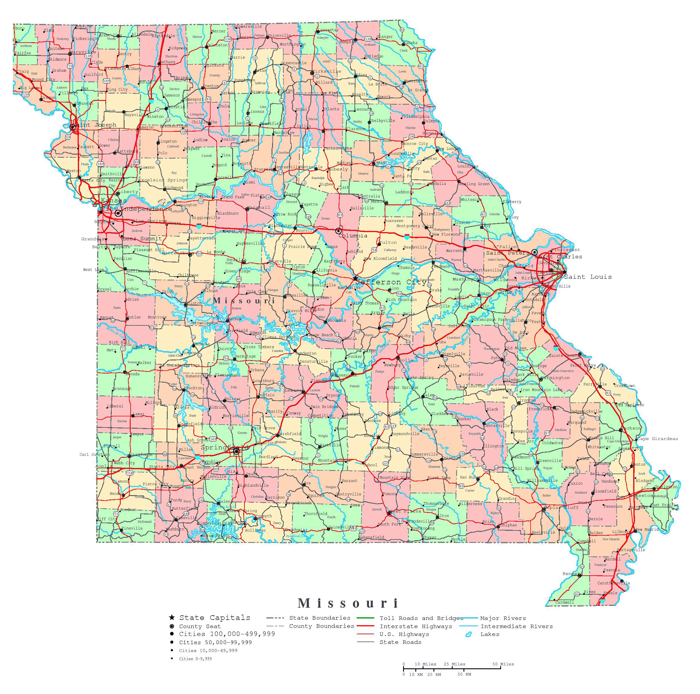 Large Detailed Administrative Map Of Missouri State With Roads