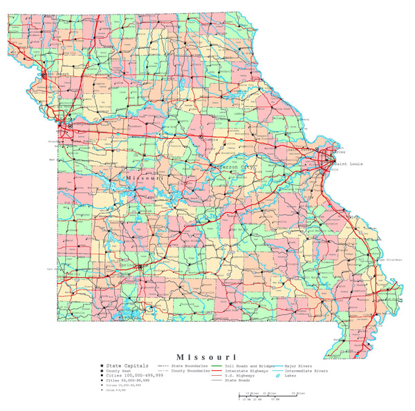Large detailed administrative map of Missouri state with roads, highways and cities.