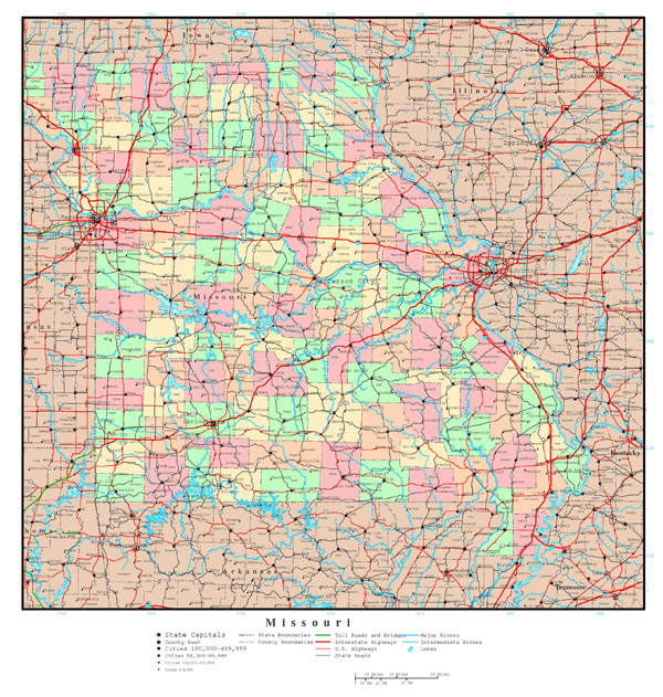 Large detailed administrative map of Missouri state with roads, highways and major cities.