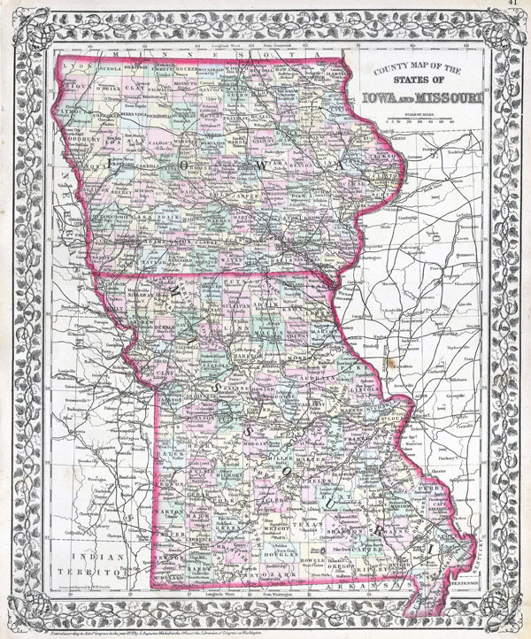 Large detailed old administrative map of Iowa and Missouri states - 1874.