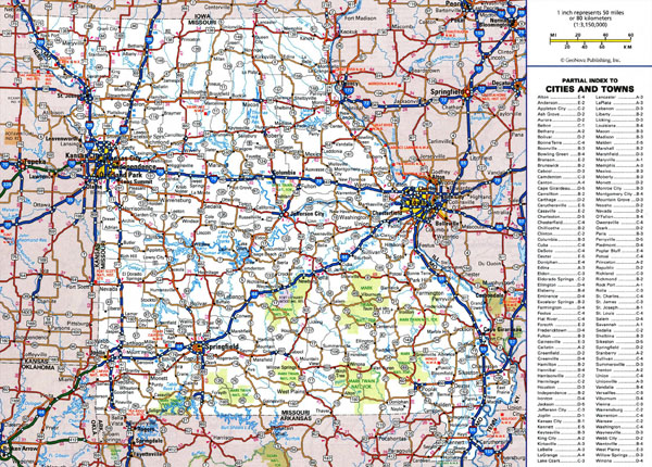 Large detailed roads and highways map of Missouri state with national parks and all cities.