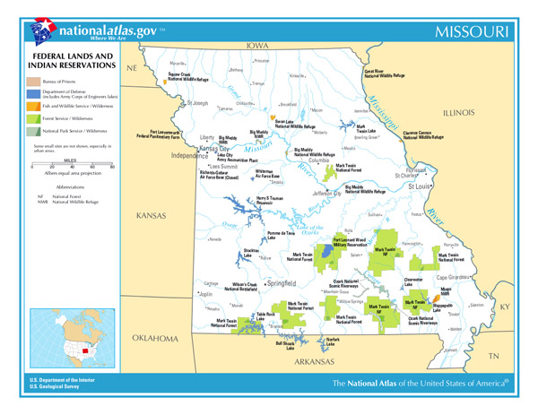 Large map of Missouri state Federal Lands and Indian Reservations.