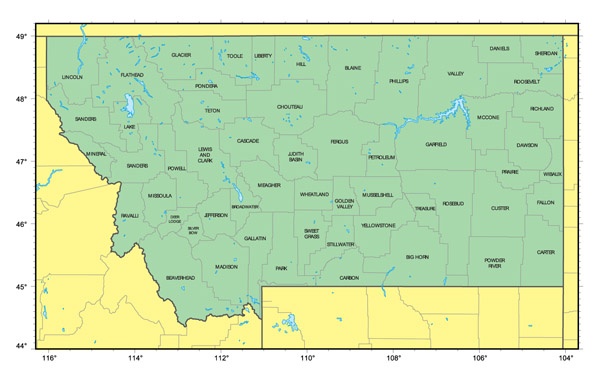Detailed administrative map of Montana state.